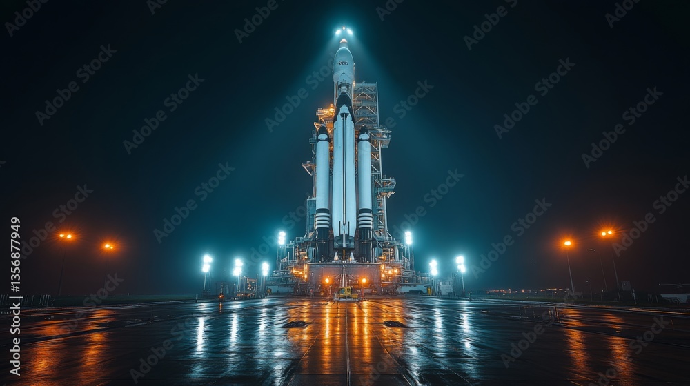 Poster the rocket stands tall on the launch pad under bright lights, ready for a spaceflight mission, showc