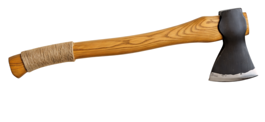Handcrafted wooden hatchet with black steel blade and rope grip white background