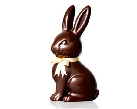 A rich, glossy chocolate Easter bunny with a ribbon around its neck, displayed on a crisp white background with soft lighting.

