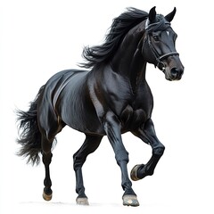 Obraz premium A graceful black horse rearing high, mane flowing and tail arched, isolated on white to highlight its elegance and power in motion. 