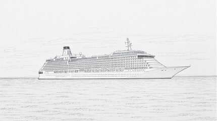 Fototapeta premium Esboço detalhado de um navio de cruzeiro navegando em águas calmas, ideal para projetos sobre turismo e viagens marítimas.