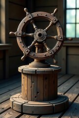 Obraz premium A meticulously crafted wooden ship's wheel, mounted on a weathered cable spool base, stands as a testament to nautical history and craftsmanship, bathed in warm sunlight on a rustic wooden deck.