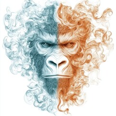 Intricate gorilla face image rendered in vibrant swirling cyan and amber smoke textures creating a stunning visual effect