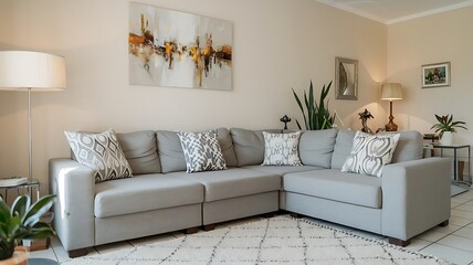 Obraz premium Bright living room interior design with a grey corner couch, three patterned pillows, painting, and white rug.