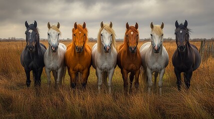 Obraz premium A group of horses forming a semicircle, their heads touching in a playful display of camaraderie, standing in an open field behind a weathered fence. 