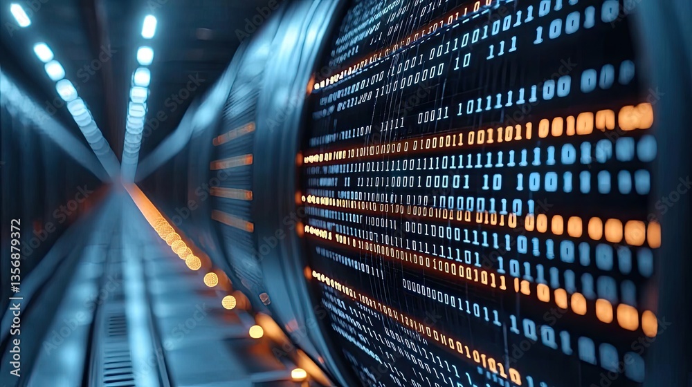 Leinwandbilder Binary code background in 3D rendering with computer technology concept. Futuristic data tunnel showcasing binary code in vibrant lights.