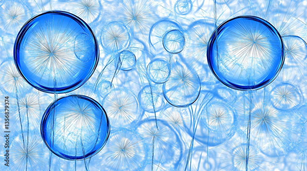Poster a vibrant, abstract design featuring blue bubbles and delicate dandelion patterns against a soft, li