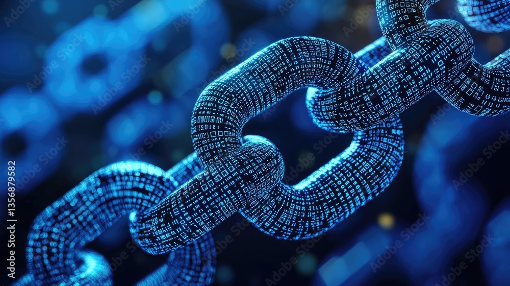Aufkleber Binary code background in 3D rendering with computer technology concept. Close-up of interconnected digital chains representing blockchain.