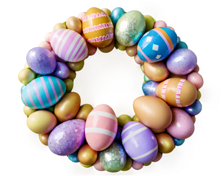 A circular wreath made entirely of pastel and glittery Easter eggs, symmetrically arranged on a white background.
