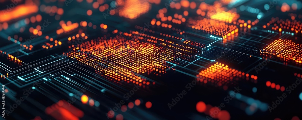 Poster Binary code background in 3D rendering with computer technology concept. Abstract image of a futuristic circuit board with glowing elements.