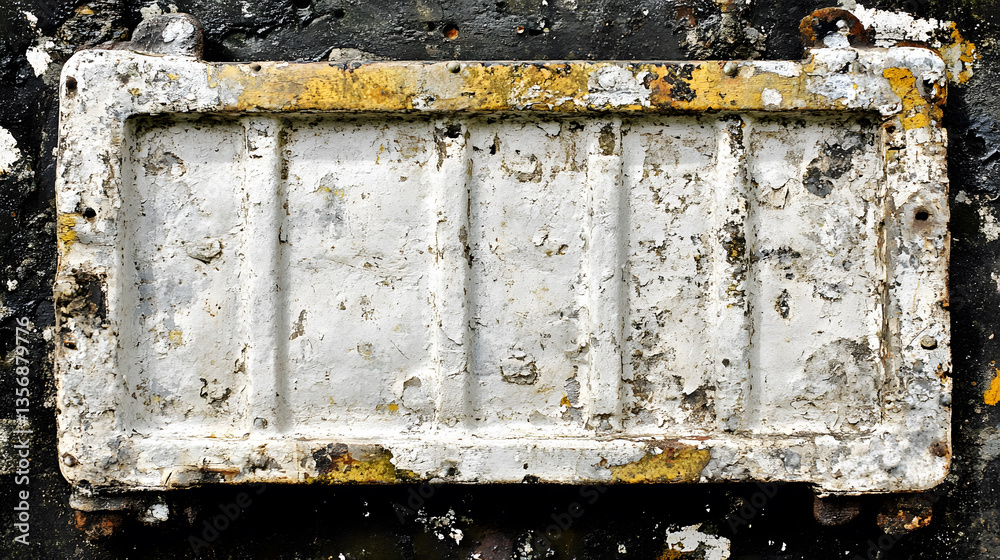 Poster a weathered, rectangular metal plate with peeling paint, featuring a textured surface and multiple g