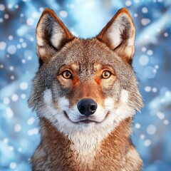 Grey wolf with amber eyes gazing serenely upwards amidst snow-draped pines in a softly blurred winter landscape scene