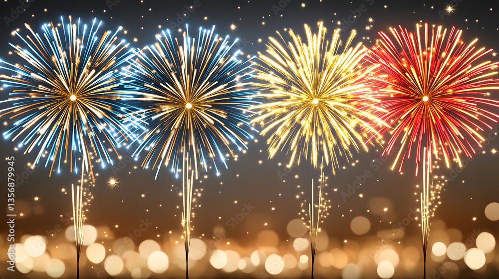 Poster a vibrant display of fireworks in various colors, lighting up the night sky against a backdrop of go