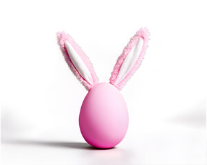 Fototapeta premium A single large Easter egg wearing a set of fluffy pink bunny ears, placed on a white background. 