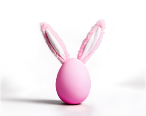 A single large Easter egg wearing a set of fluffy pink bunny ears, placed on a white background.
