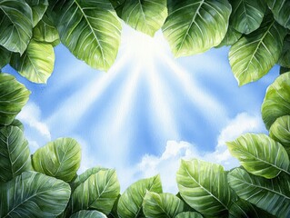 Beneath a Canopy of Emerald Leaves, Golden Sunlight Bursts Through Clouds Creating a Luminous Nature Scene Today