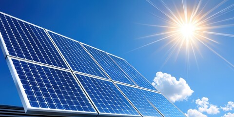 Solar panels gleam under bright sun in a vibrant landscape with a clear blue sky showcasing renewable energy advancements.
