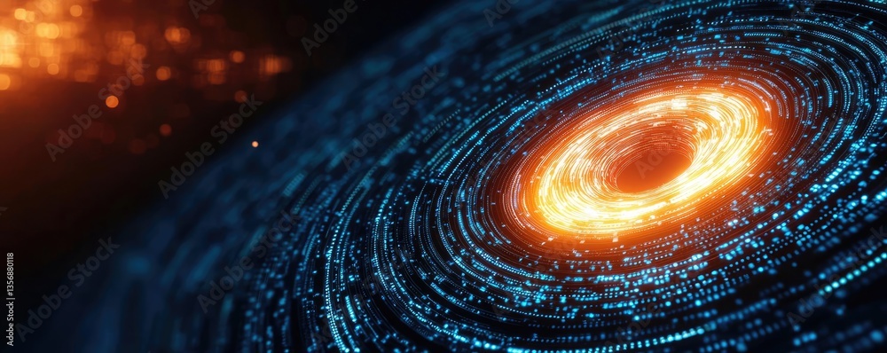 Fototapete Binary code background and matrix computer technology light concept. A mesmerizing view of a cosmic black hole with glowing rings.