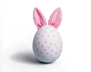 A single large Easter egg wearing a set of fluffy pink bunny ears, placed on a white background.
