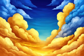 Twilight Sky with Golden Blue Clouds Over a Vibrant Otherworldly Landscape of Sun Dipping Below a Sea of Dreams and Beauty
