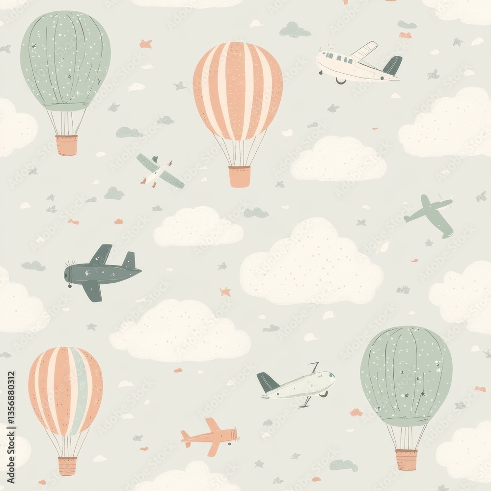 Poster Dreamy seamless pattern features floating hot air balloons and tiny airplanes in soft pastel tones Generative AI