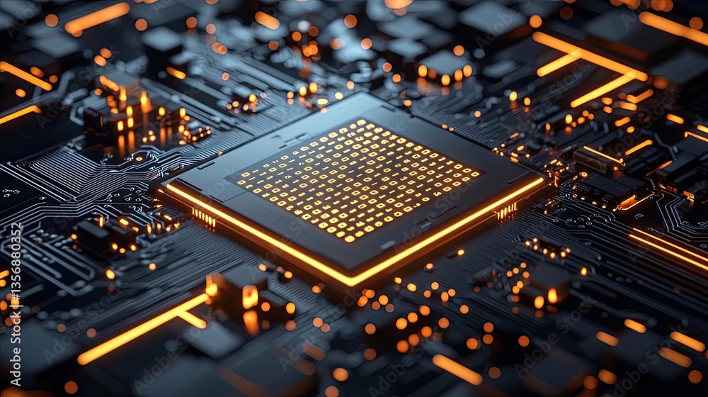 Aufkleber Binary code background in 3D rendering with computer technology concept. Close-up of a modern circuit board with glowing components.