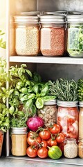 Vibrant and Colorful Kitchen Scene with Meal Prep Featu Fresh Vegetables, Grains, and Legumes in Glass Jars on Shelf