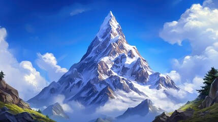Breathtaking alpine scenery with snow-capped mountains under a vibrant blue sky adorned with swirling clouds and nature's beauty