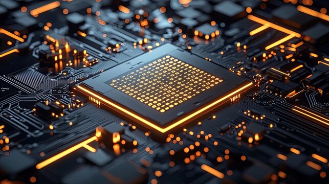 Binary code background in 3D rendering with computer technology concept. Close-up of a modern circuit board with glowing components.