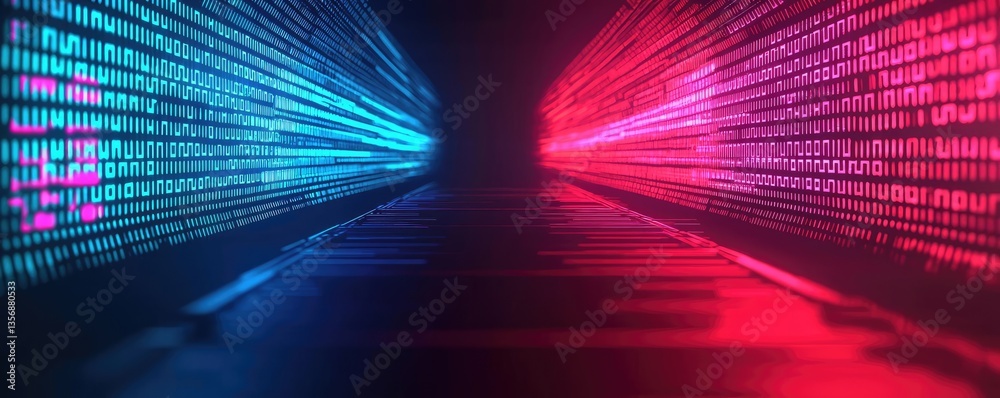 Poster Binary code background in 3D rendering with abstract digital concept. Vibrant neon lights create a futuristic digital landscape.