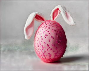 A single large Easter egg wearing a set of fluffy pink bunny ears, placed on a white background.
