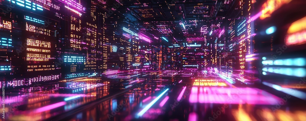 Poster Binary code background in a computer matrix with scientific digital concept. Futuristic digital landscape with vibrant neon lights