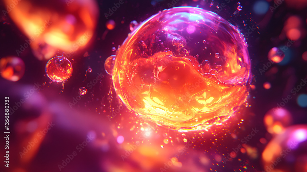 Poster A vibrant, abstract image showcasing colorful bubbles floating in a dark, liquid-like environment, creating a mesmerizing visual experience
