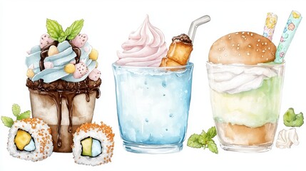 Whical Watercolor Food Illustration Featu Burger Sushi Sundae, Pastel Milkshake, and Layered Dessert Parfait Sticker Art