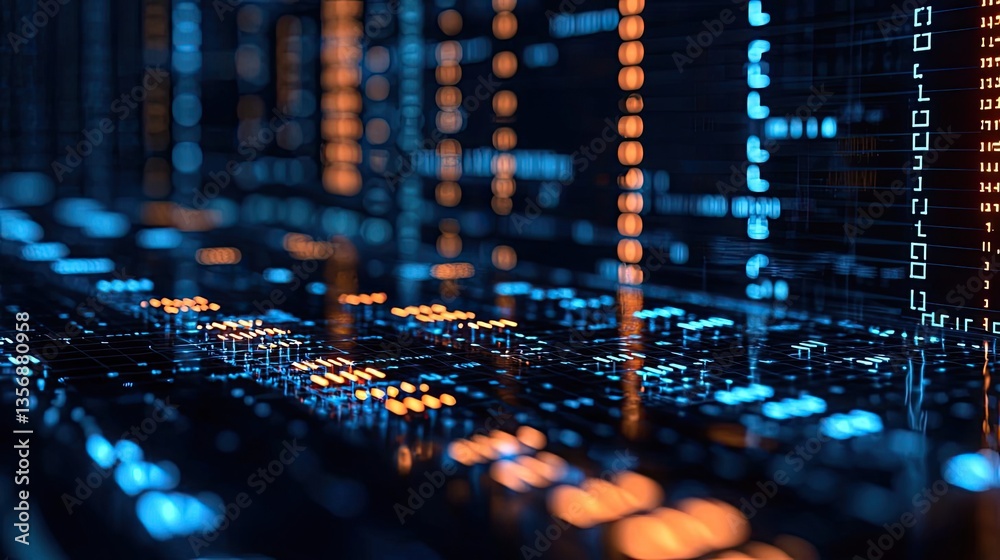 Poster Binary code background in a computer matrix with scientific digital concept. Abstract digital data visualization with glowing blue and orange light.