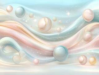 Vibrant poster design with pastel flowing waves and translucent pearl-like spheres showcasing bold implied typography art
