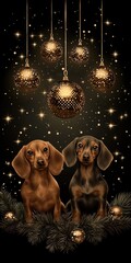 Two adorable dachshunds, one red and one black and tan, among festive evergreens and shimme gold ornaments on dark