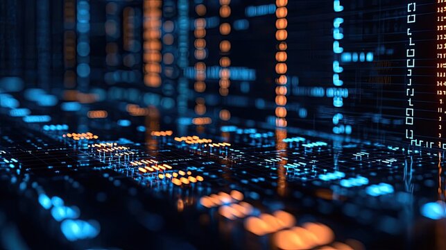 Binary code background in a computer matrix with scientific digital concept. Abstract digital data visualization with glowing blue and orange light.