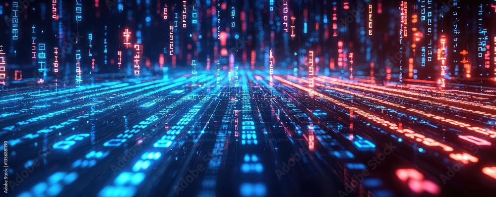 Aufkleber Binary code background and matrix computer technology light concept. Abstract digital data stream depicting network connectivity.