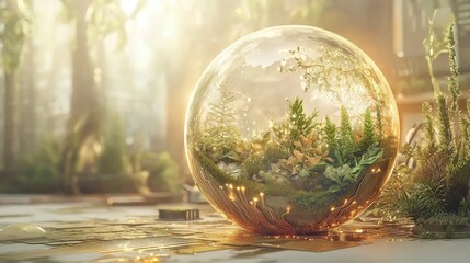 Luminous crystal globe biodome on a vibrant technological base, showcasing a thriving miniature ecosystem inside it, glowing beautifully