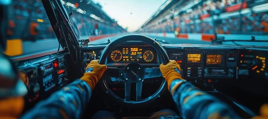 Rolgordijnen zonder boren View from racing cockpit as driver grips wheel during intense night race, lights and speed creating thrilling motion. Race sport, competition, racing © master1305