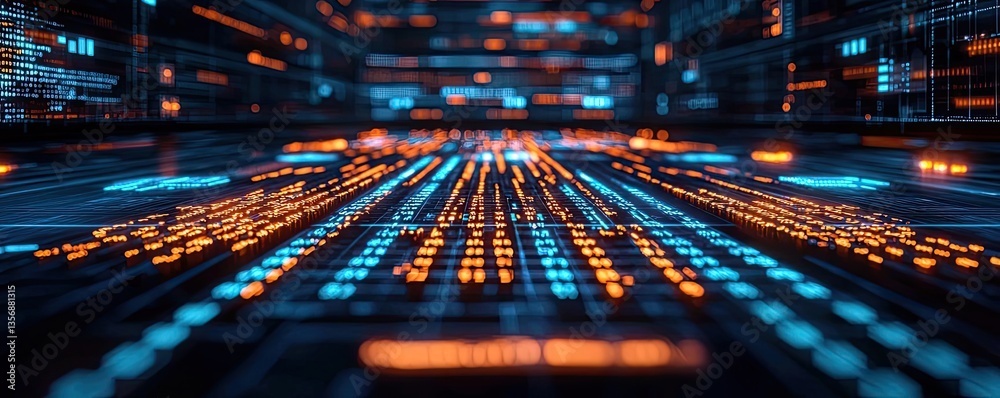 Poster Binary code background and matrix computer technology light concept. Futuristic digital data flow in glowing blue and orange colors.
