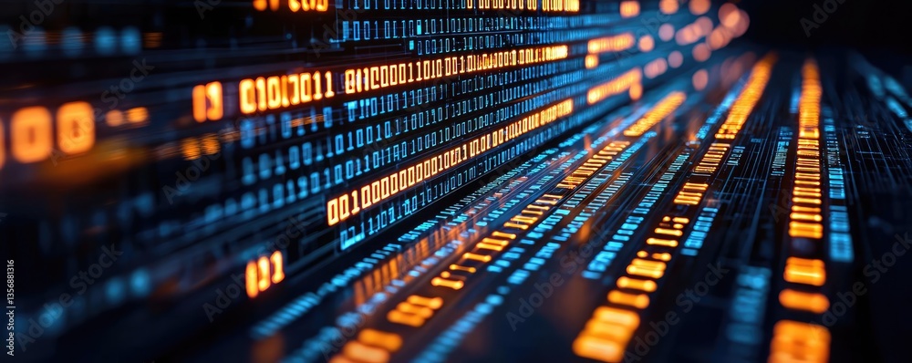 Poster Binary code background and matrix computer technology light concept. Abstract digital data stream with glowing binary numbers.
