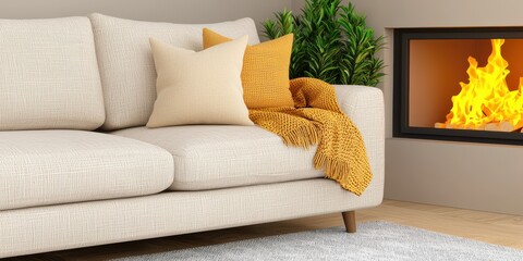 Tranquil living room decor featu soft beige tones with a comfortable sofa adorned with cream and mustard cushions and throw