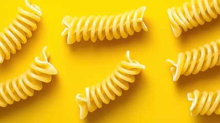 Golden fusilli pasta twists beautifully on a bright yellow background glowing warmly in ambient light for photography purposes