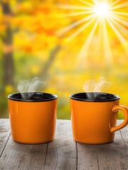 Two steaming orange mugs resting on a wooden surface in warm morning light with a beautifully blurred autumnal background