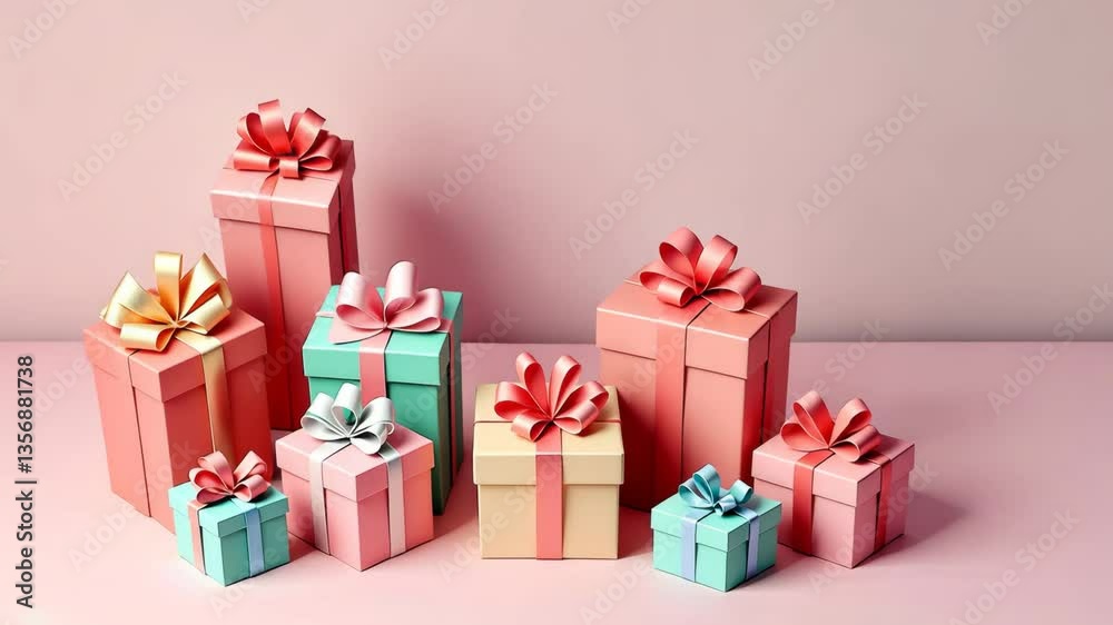 Aufkleber A stack of colorful boxes with pink bows on them. The boxes are of different sizes and colors