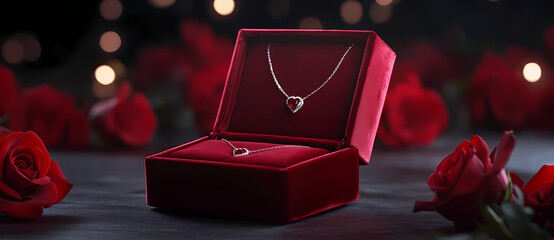 A Gift of Love: A luxurious velvet box cradles a delicate heart-shaped pendant, surrounded by romantic red roses, whispering of affection and timeless beauty. 