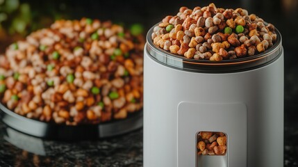 A sleek modern smart pet feeder dispenses nutritious kibble and treats automatically ensu your furry friend receives perfectly portioned meals throughout the day conveniently.