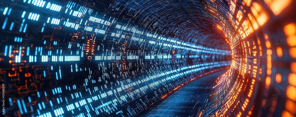 Poster Binary code background in a computer matrix with scientific digital concept. Futuristic tunnel with vibrant light patterns and digital effects.